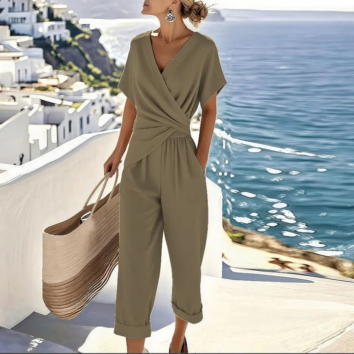Damen Wickel-V-Ausschnitt Kurzarm Relaxed-Fit Jumpsuit - Khaki