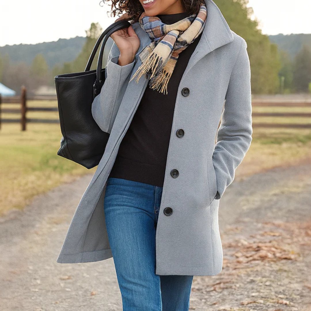 Damen Wollmantel Tailliert Knopfverschluss Winter - Grey