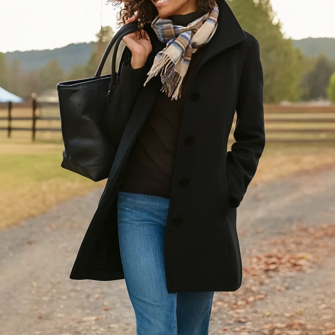 Damen Wollmantel Tailliert Knopfverschluss Winter - Black