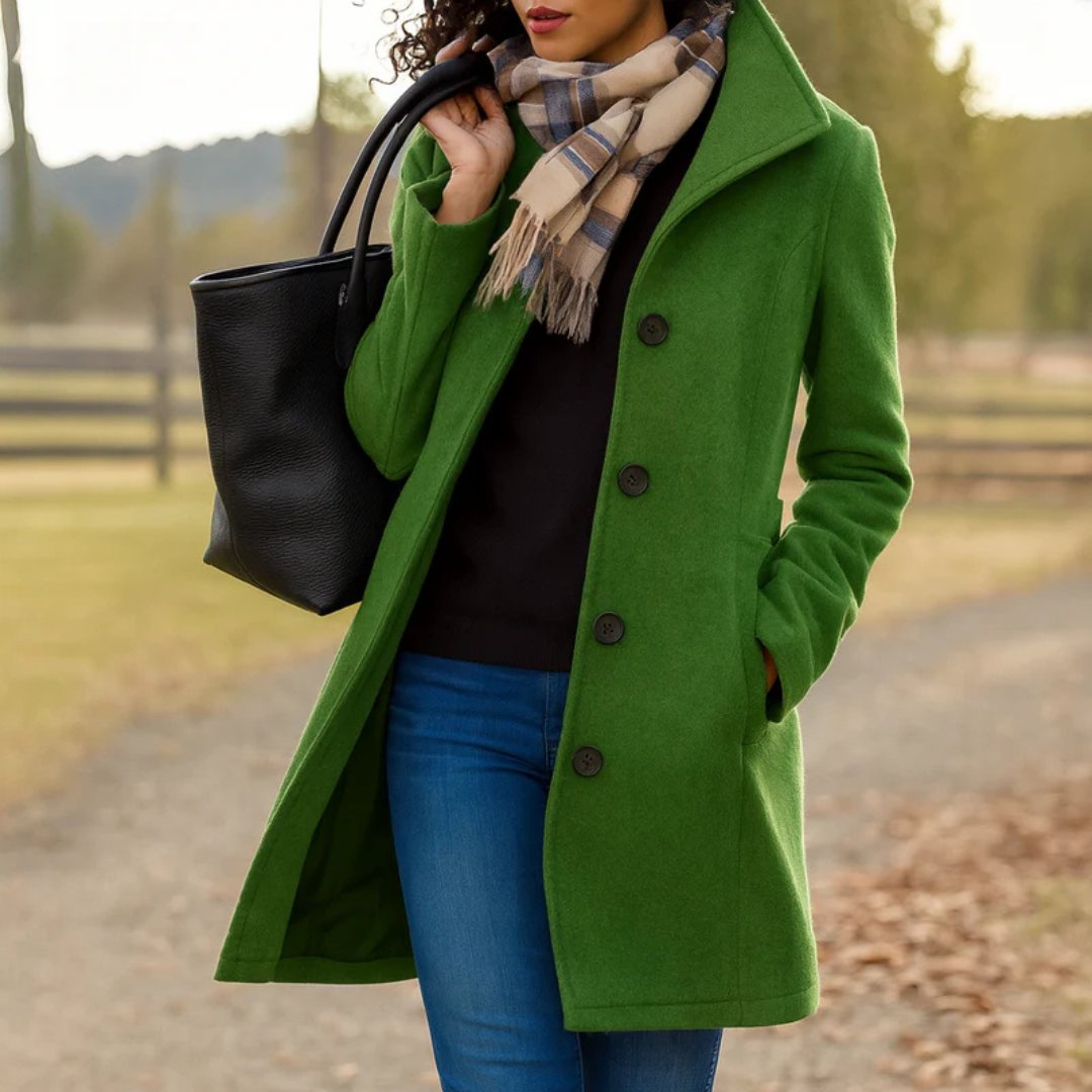 Damen Wollmantel Tailliert Knopfverschluss Winter - Forest Green