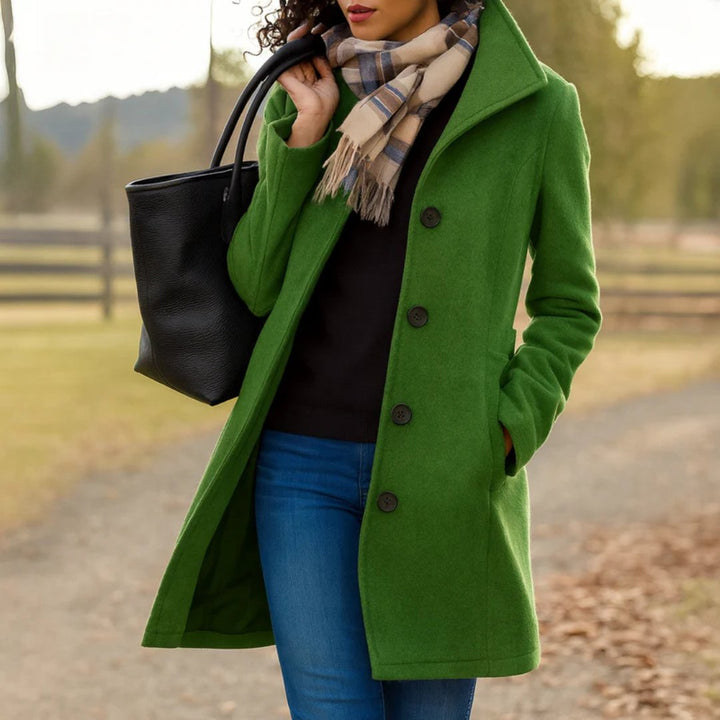 Damen Wollmantel Tailliert Knopfverschluss Winter - Forest Green