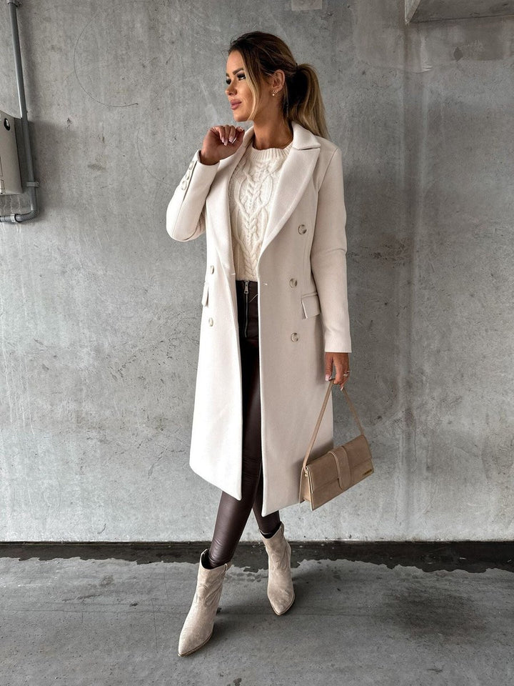 Damen Zweireihiger Langmantel mit Reverskragen - Beige