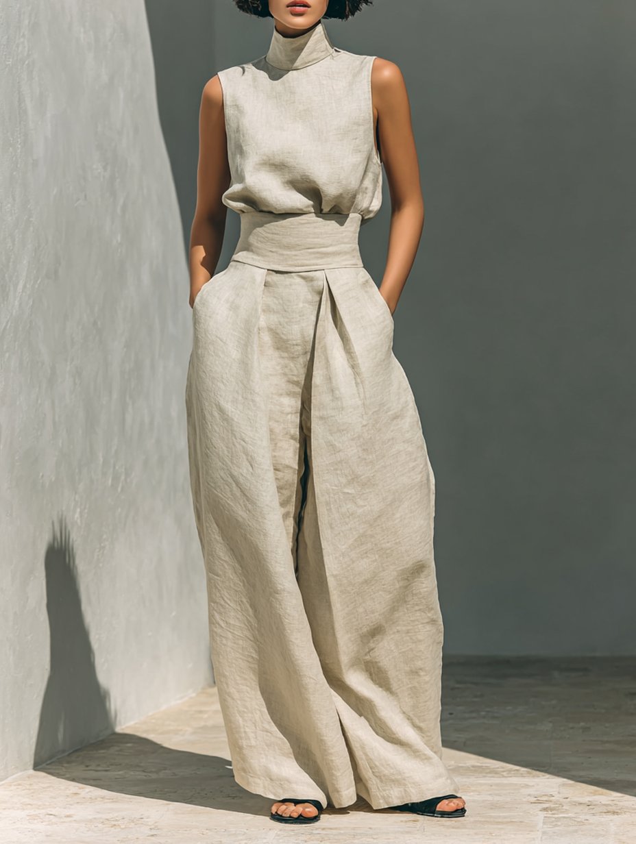 Damen Zweiteiler Set Ärmellose Bluse Weite Hose Minimalistisch - Khaki