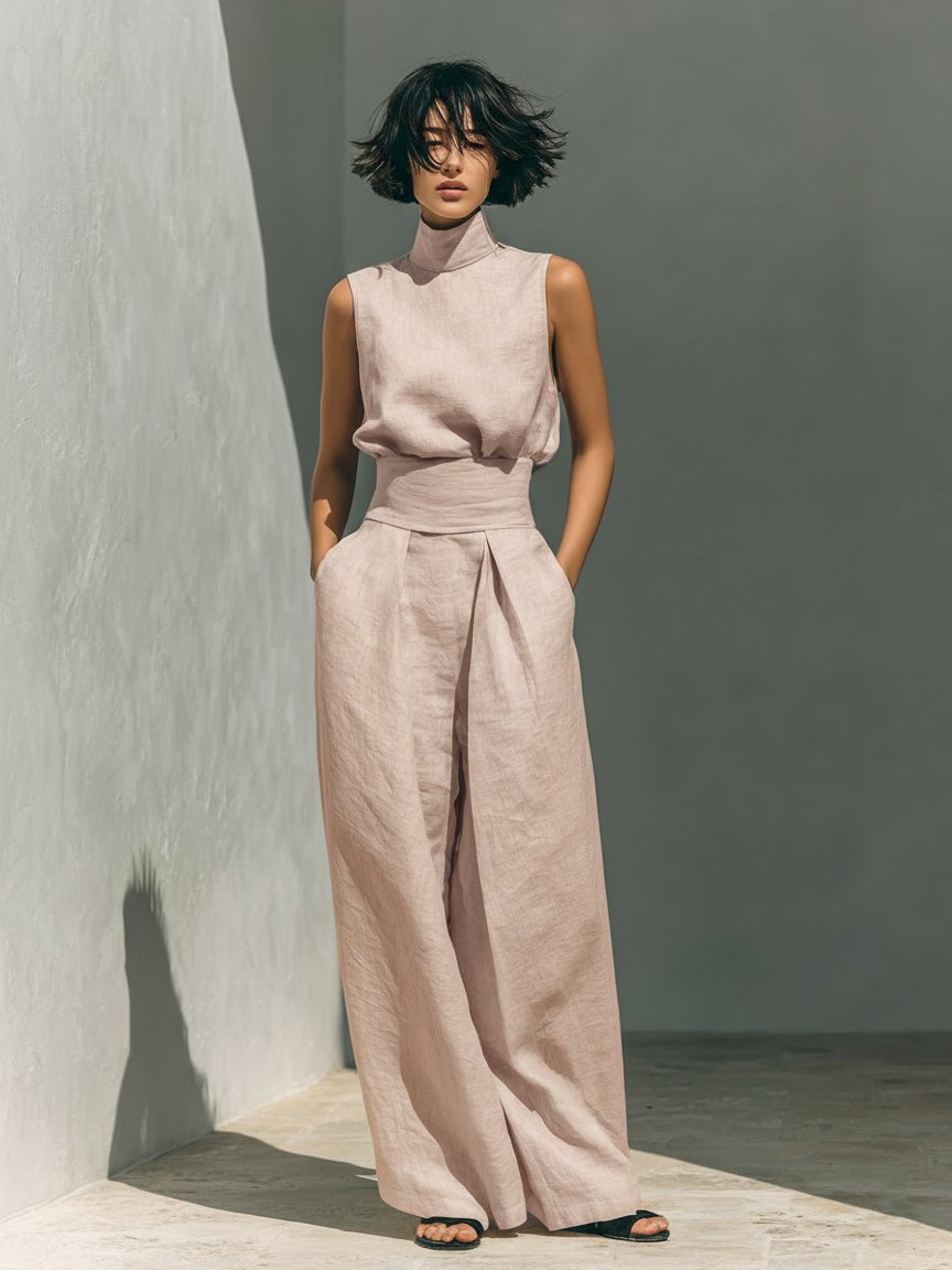 Damen Zweiteiler Set Ärmellose Bluse Weite Hose Minimalistisch - Hellrosa