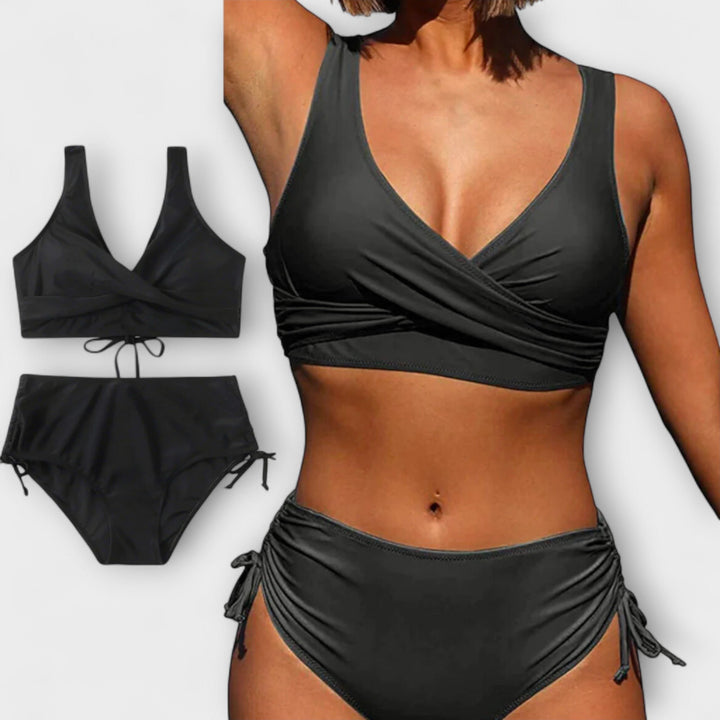 Damen Zweiteiliger Wickel-Bikini mit Raffung - Zwart