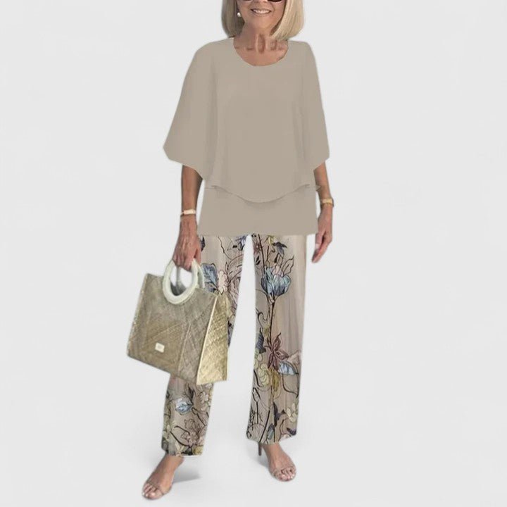 Damen Zweiteiliges Fledermaus-Top Botanik Weitbein-Hosen Set - Light Gray