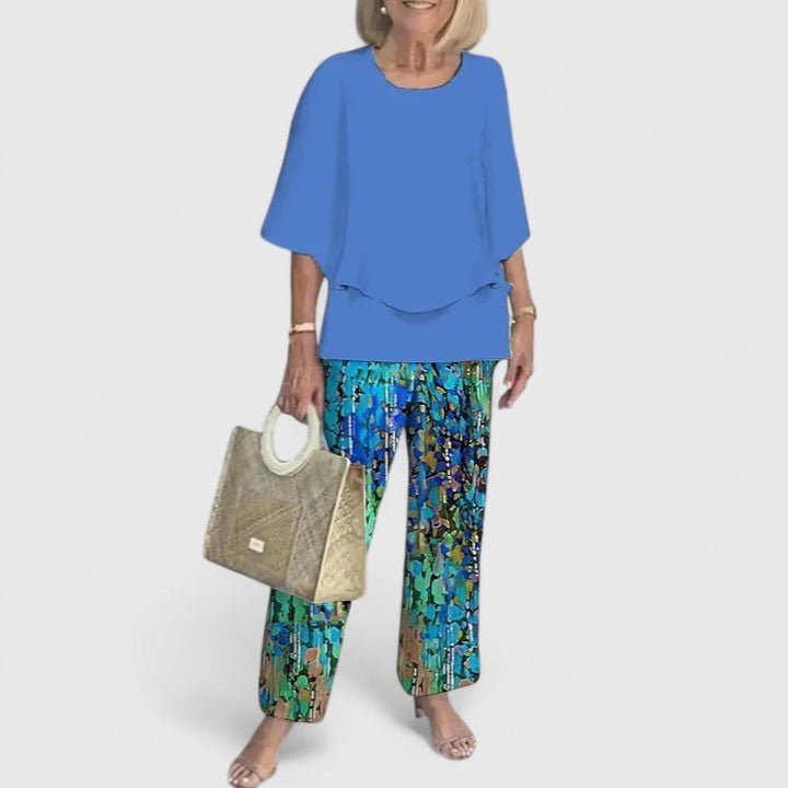 Damen Zweiteiliges Fledermaus-Top Botanik Weitbein-Hosen Set - Royal Blue
