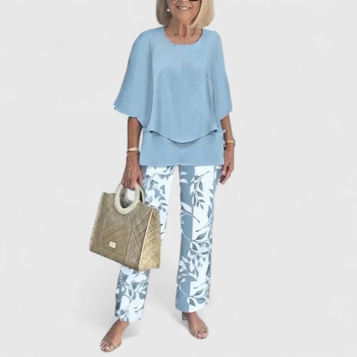 Damen Zweiteiliges Fledermaus-Top Botanik Weitbein-Hosen Set - Sky Blue
