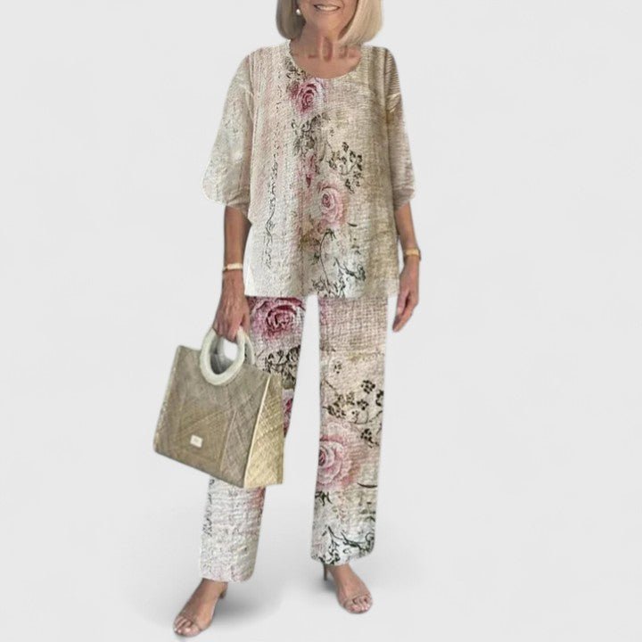 Damen Zweiteiliges Fledermaus-Top Botanik Weitbein-Hosen Set - Light Brown