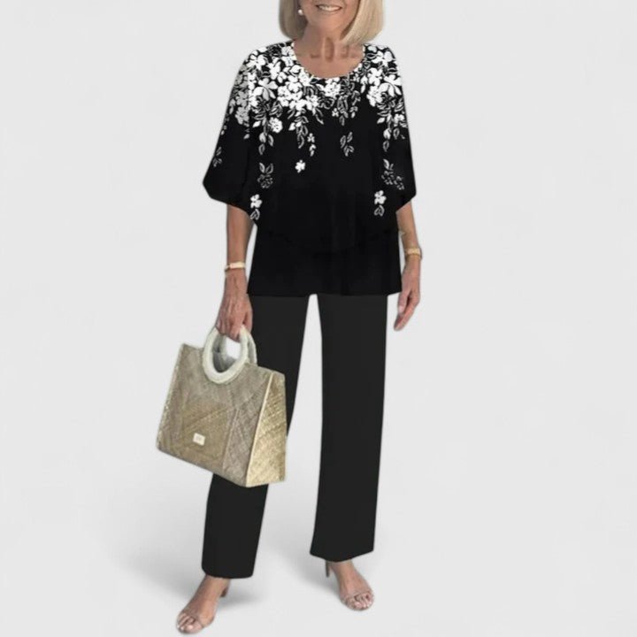Damen Zweiteiliges Fledermaus-Top Botanik Weitbein-Hosen Set - Black