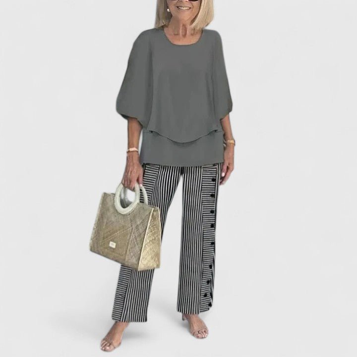 Damen Zweiteiliges Fledermaus-Top Botanik Weitbein-Hosen Set - Dark Gray