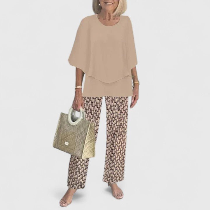 Damen Zweiteiliges Fledermaus-Top Botanik Weitbein-Hosen Set - Brown