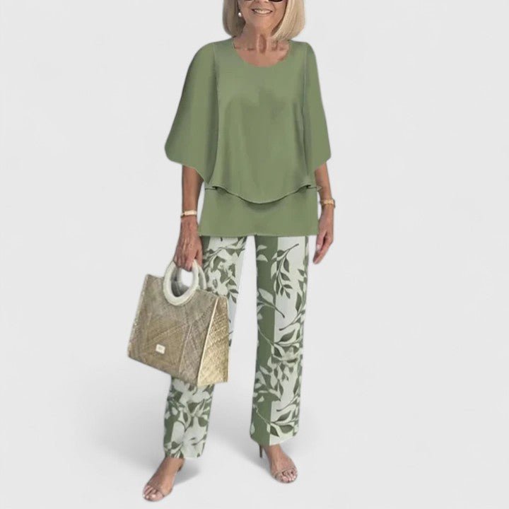 Damen Zweiteiliges Fledermaus-Top Botanik Weitbein-Hosen Set - Light Green