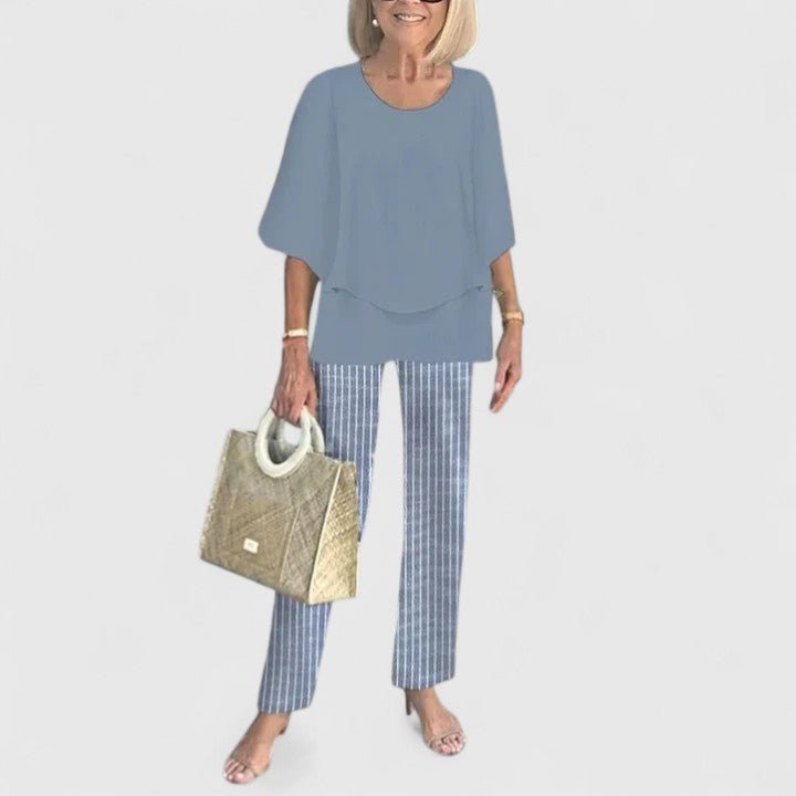 Damen Zweiteiliges Fledermaus-Top Botanik Weitbein-Hosen Set - Blue