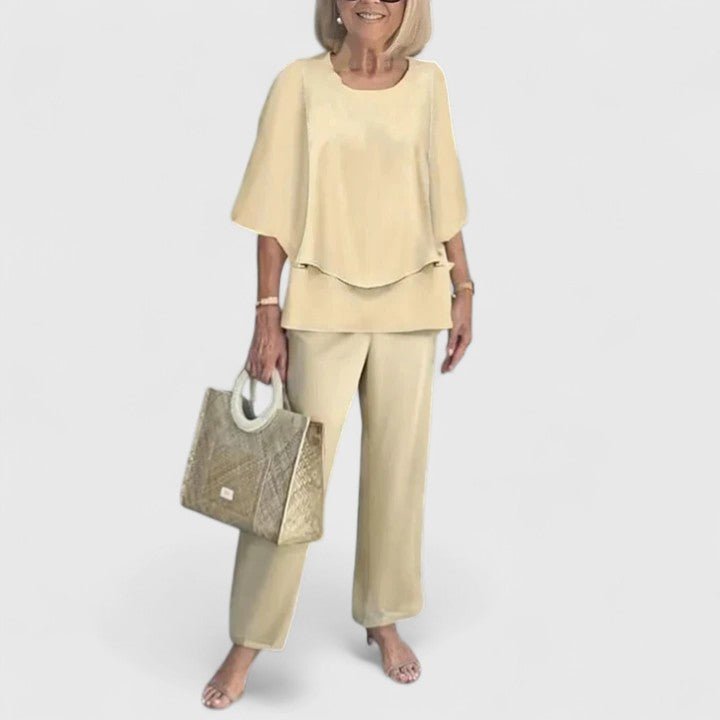 Damen Zweiteiliges Fledermaus-Top Botanik Weitbein-Hosen Set - Apricot