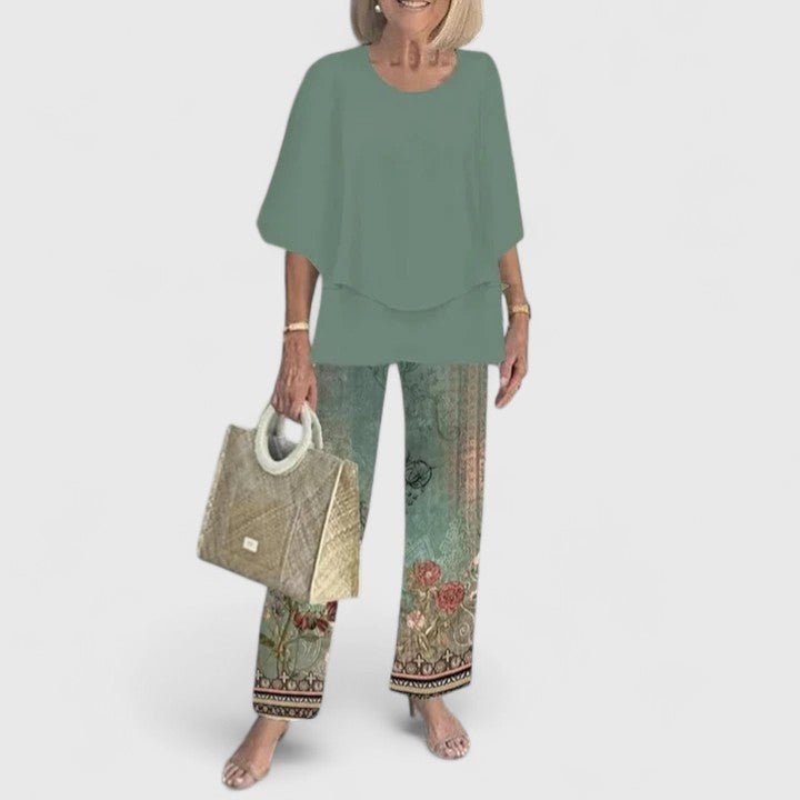 Damen Zweiteiliges Fledermaus-Top Botanik Weitbein-Hosen Set - Green