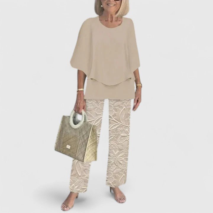 Damen Zweiteiliges Fledermaus-Top Botanik Weitbein-Hosen Set - Beige