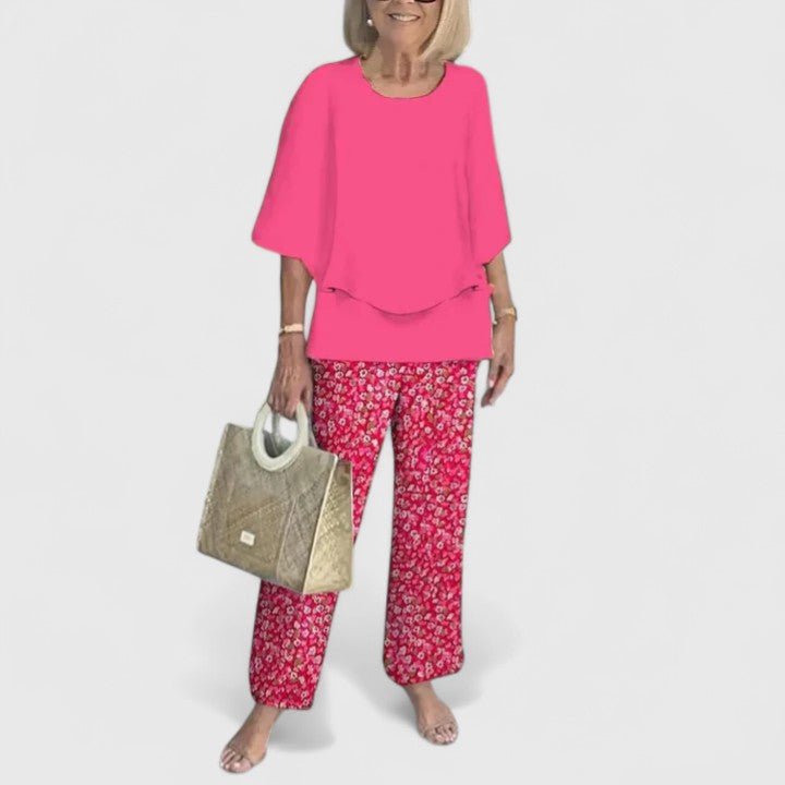 Damen Zweiteiliges Fledermaus-Top Botanik Weitbein-Hosen Set - Pink
