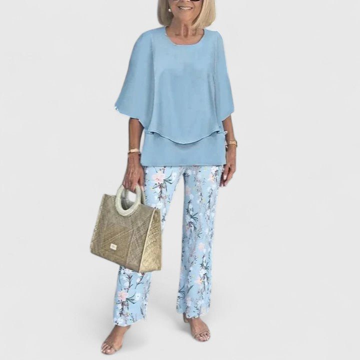 Damen Zweiteiliges Fledermaus-Top Botanik Weitbein-Hosen Set - Light Blue