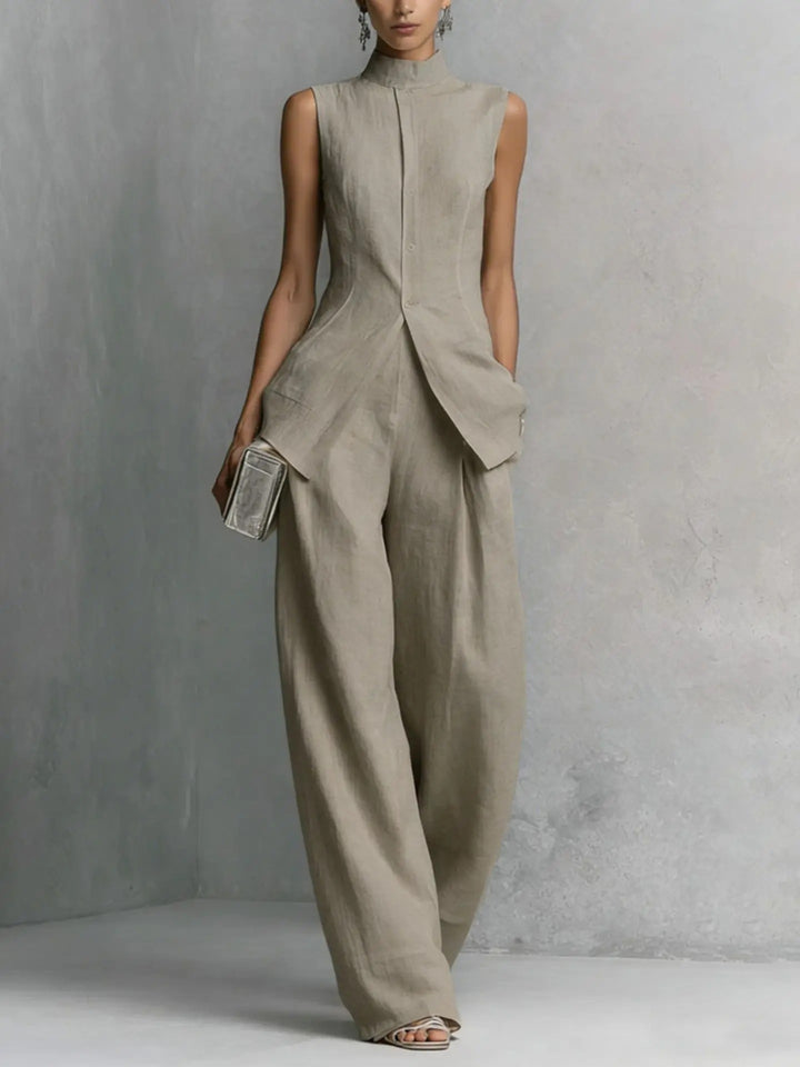 Charlotte | Damen Leinen Zweiteiler Set Stehkragen Top Weite Hose