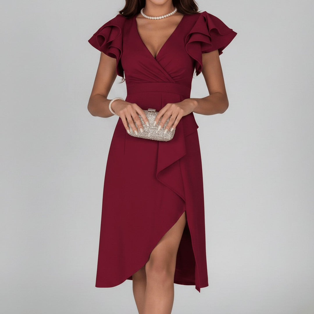 Elegantes Brautmutter Kleid Rüschen V-Ausschnitt Wickelkleid Midi - Dunkelrot