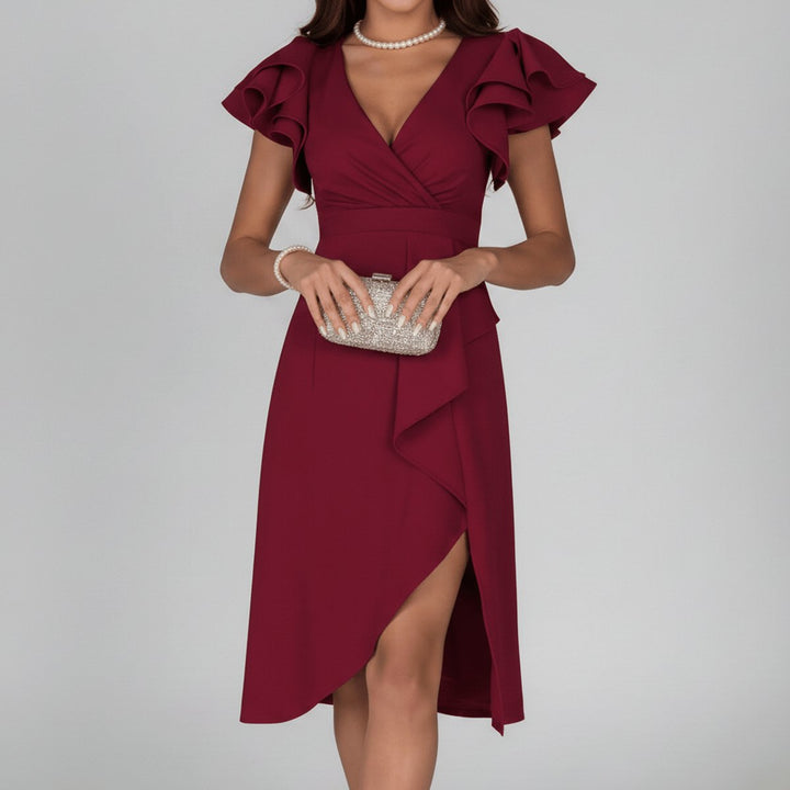 Elegantes Brautmutter Kleid Rüschen V-Ausschnitt Wickelkleid Midi - Dunkelrot
