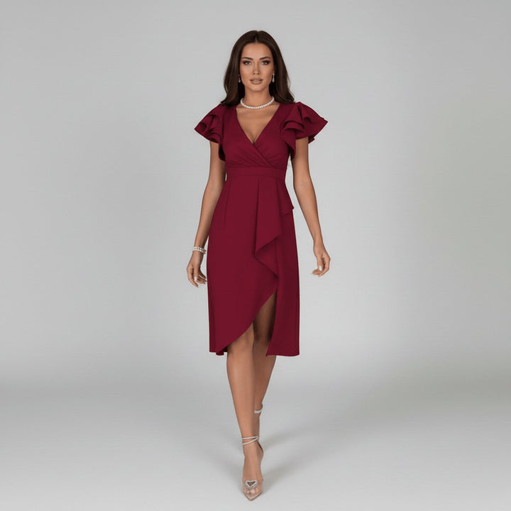 Elegantes Brautmutter Kleid Rüschen V-Ausschnitt Wickelkleid Midi