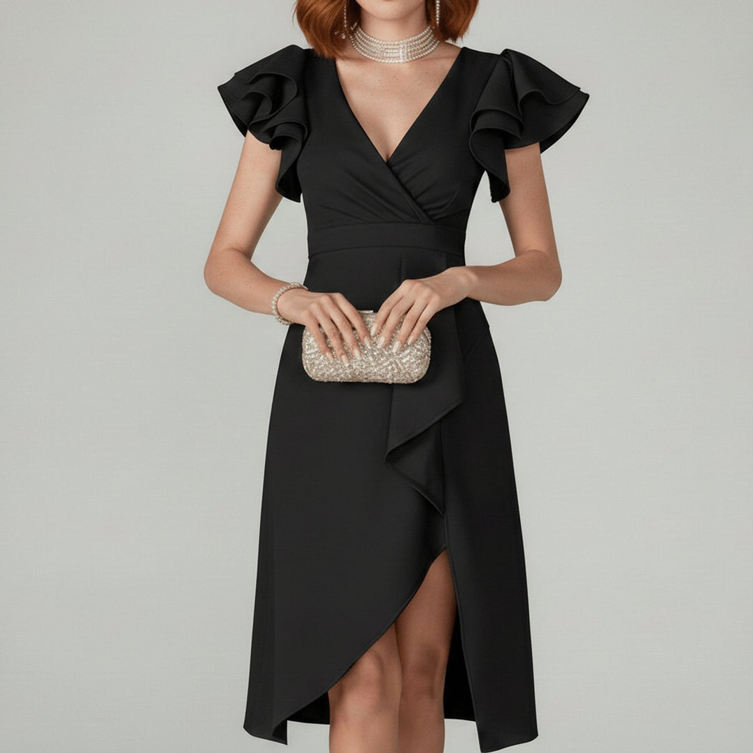 Elegantes Brautmutter Kleid Rüschen V-Ausschnitt Wickelkleid Midi - Klassisches Schwarz