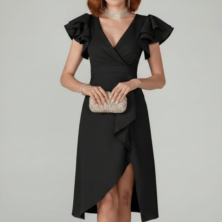 Elegantes Brautmutter Kleid Rüschen V-Ausschnitt Wickelkleid Midi - Klassisches Schwarz