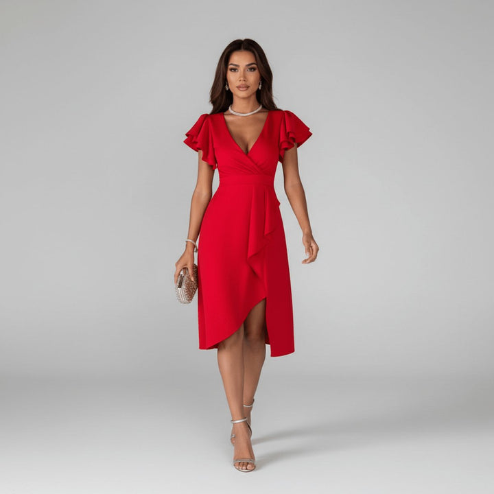 Elegantes Brautmutter Kleid Rüschen V-Ausschnitt Wickelkleid Midi - Leuchtendes Rot