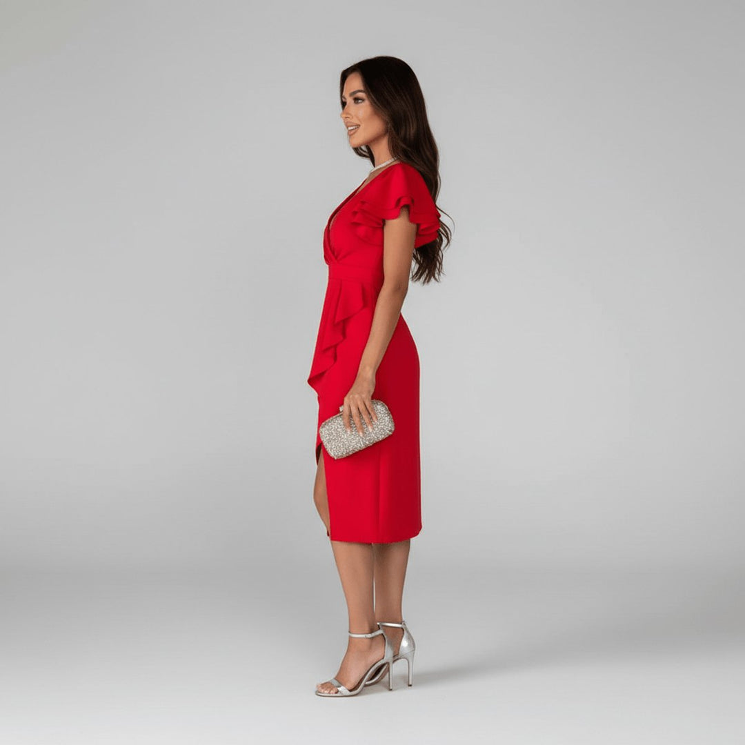 Elegantes Brautmutter Kleid Rüschen V-Ausschnitt Wickelkleid Midi