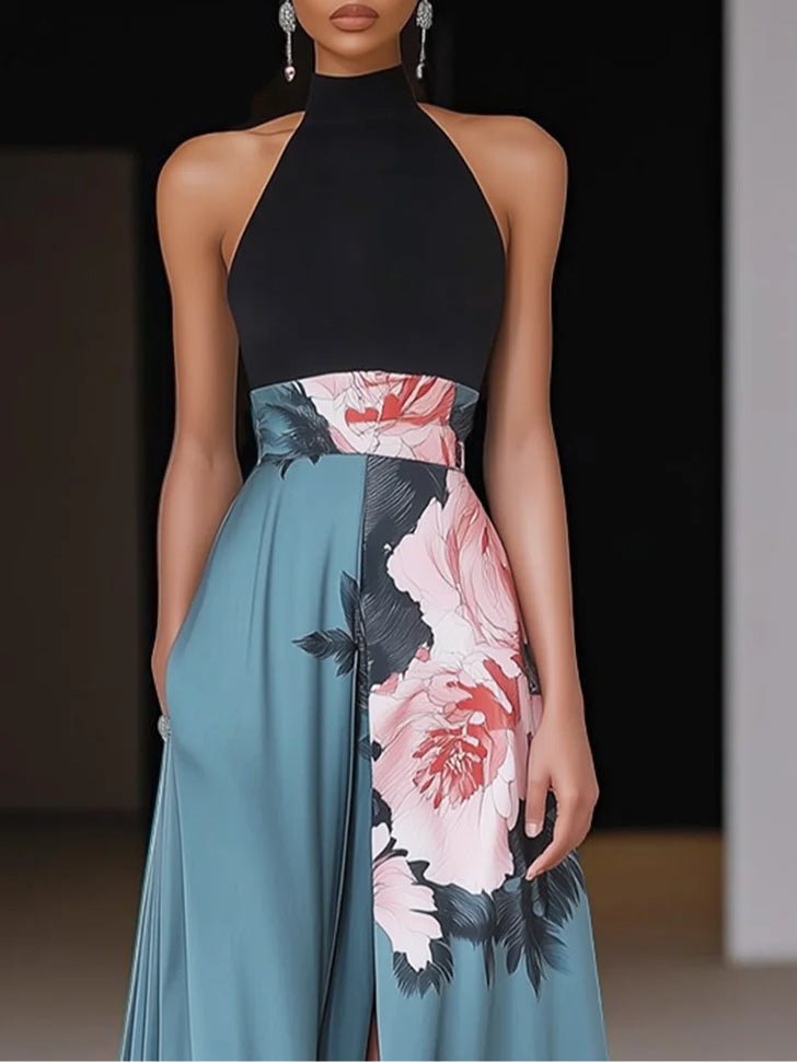 Halter-Maxikleid mit Blumenmuster und Schlitz