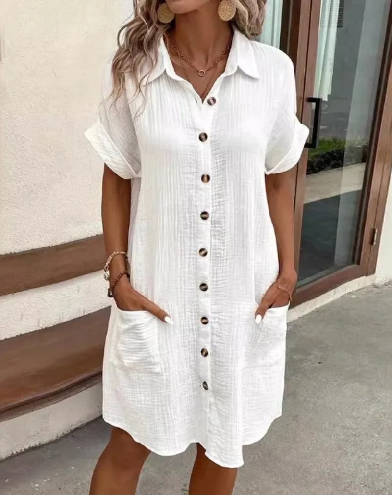 Hemdkleid Kurzarm Baumwolle Knopfleiste Kragen - White
