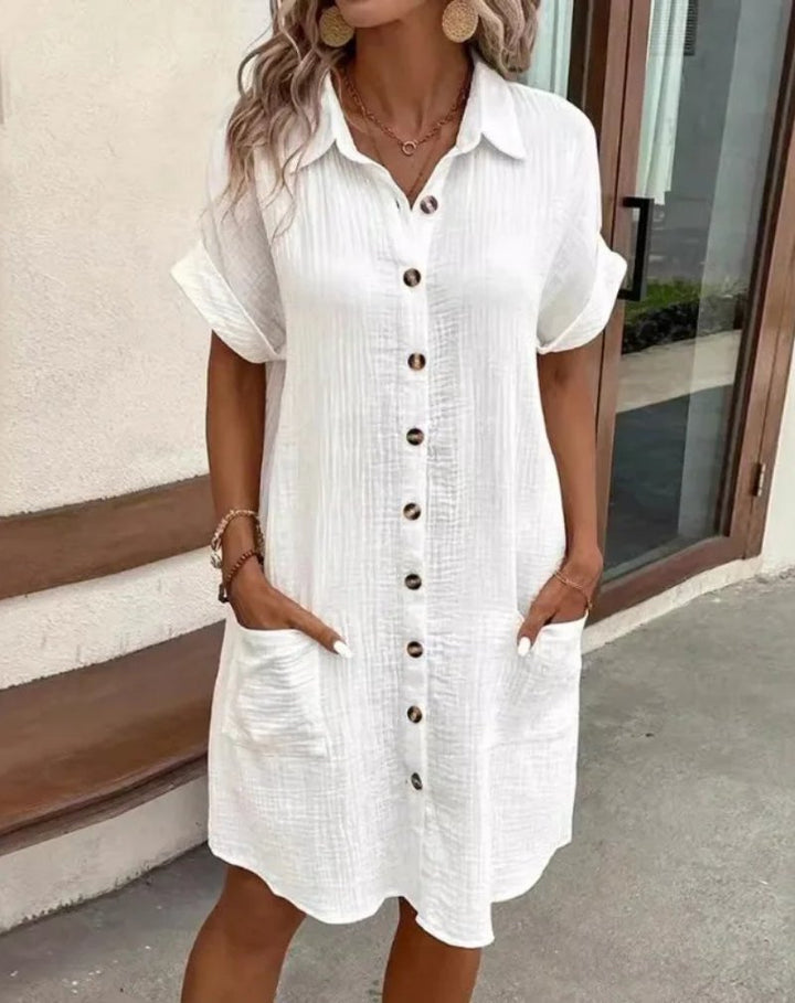 Hemdkleid Kurzarm Baumwolle Knopfleiste Kragen - White