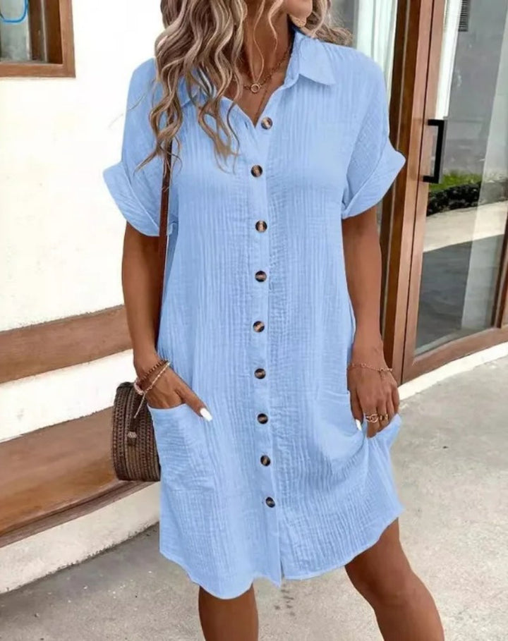 Hemdkleid Kurzarm Baumwolle Knopfleiste Kragen - Light Blue