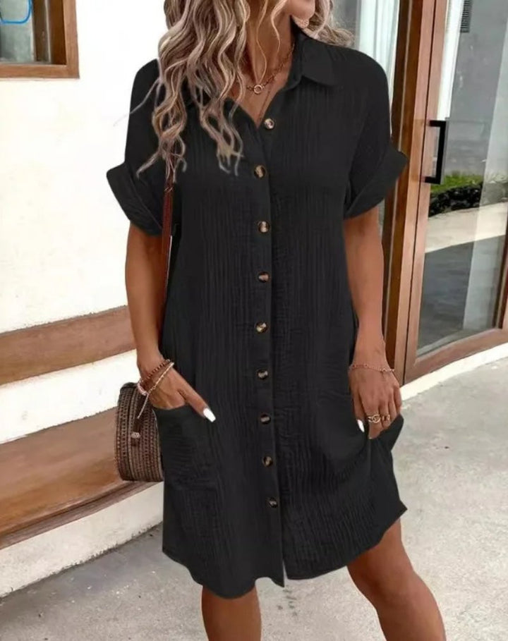 Hemdkleid Kurzarm Baumwolle Knopfleiste Kragen - Black