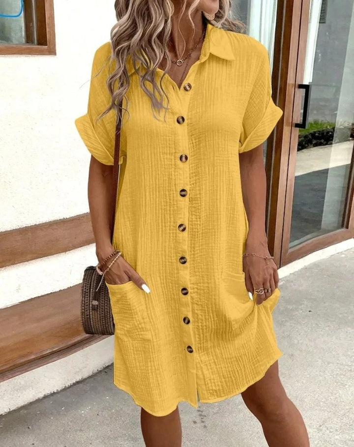 Hemdkleid Kurzarm Baumwolle Knopfleiste Kragen - Yellow