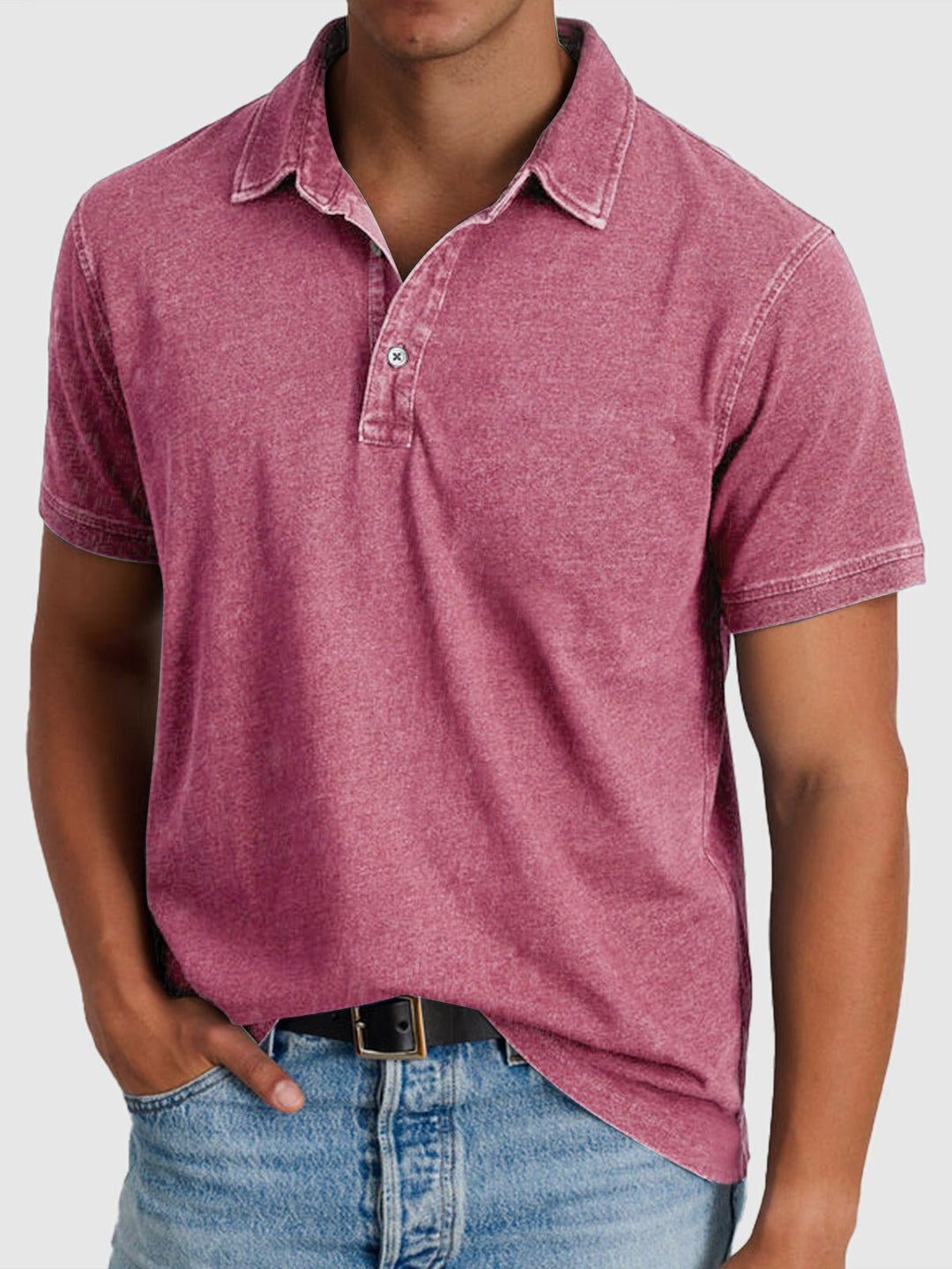 Herren Baumwoll-Denim Kurzarm Poloshirt - Pink