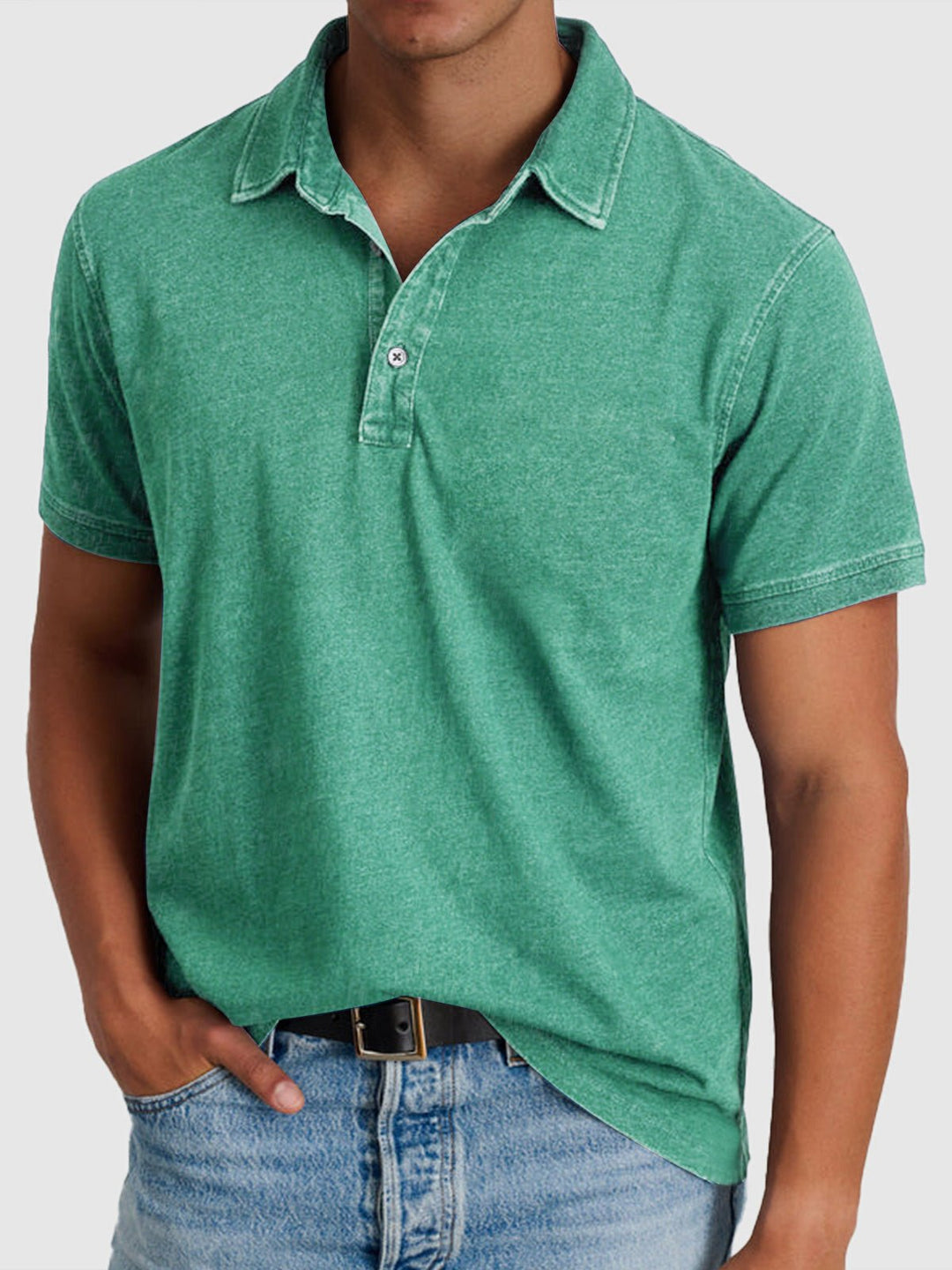 Herren Baumwoll-Denim Kurzarm Poloshirt - Green