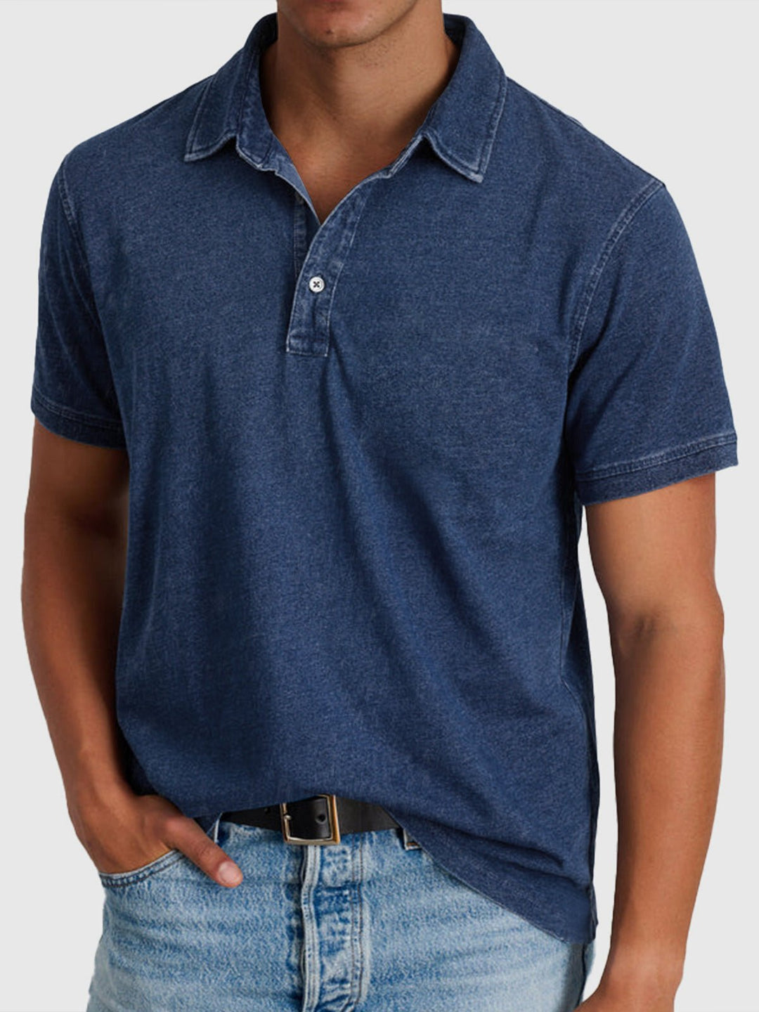 Herren Baumwoll-Denim Kurzarm Poloshirt - Navy Blue
