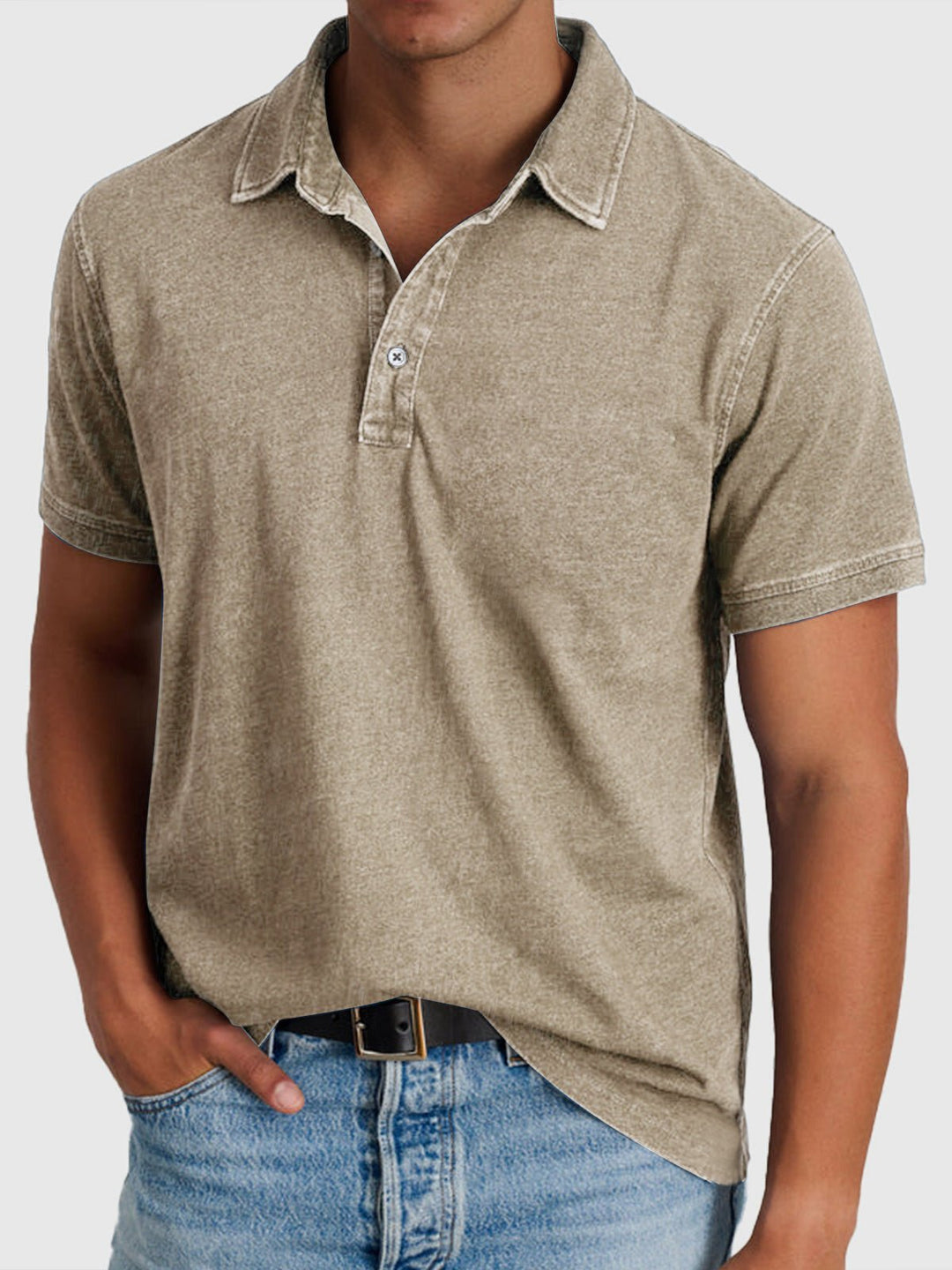 Herren Baumwoll-Denim Kurzarm Poloshirt - Khaki