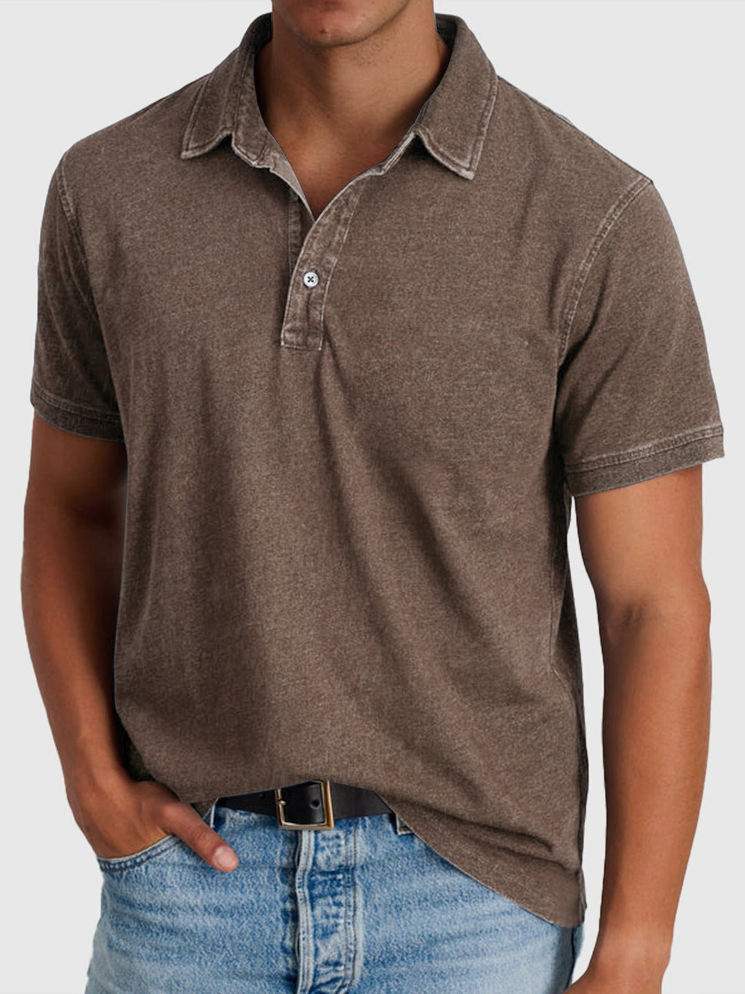 Herren Baumwoll-Denim Kurzarm Poloshirt - Brown