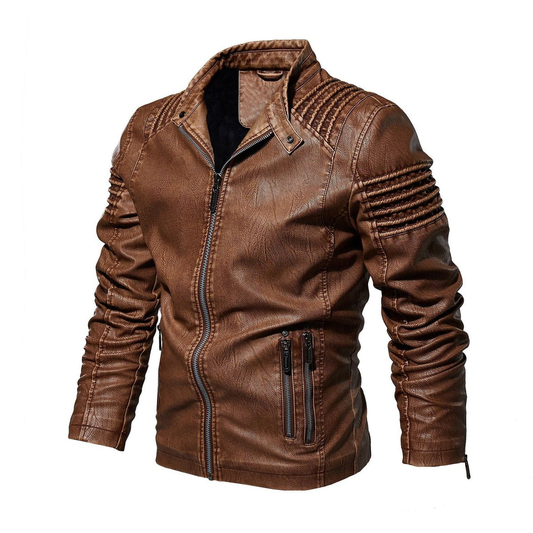 Herren Bikerjacke strukturierte Schultern Kunstleder Reißverschluss