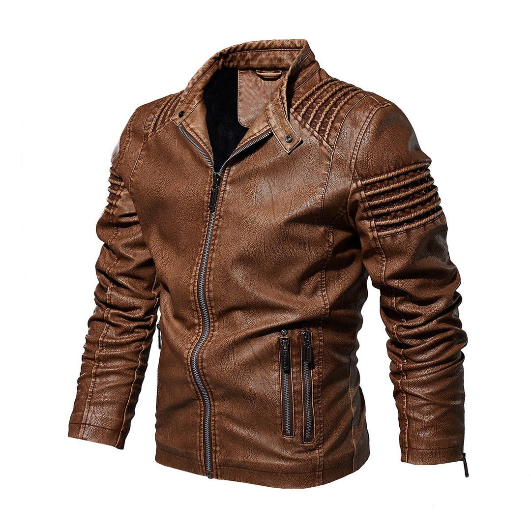 Herren Bikerjacke strukturierte Schultern Kunstleder Reißverschluss - Khaki