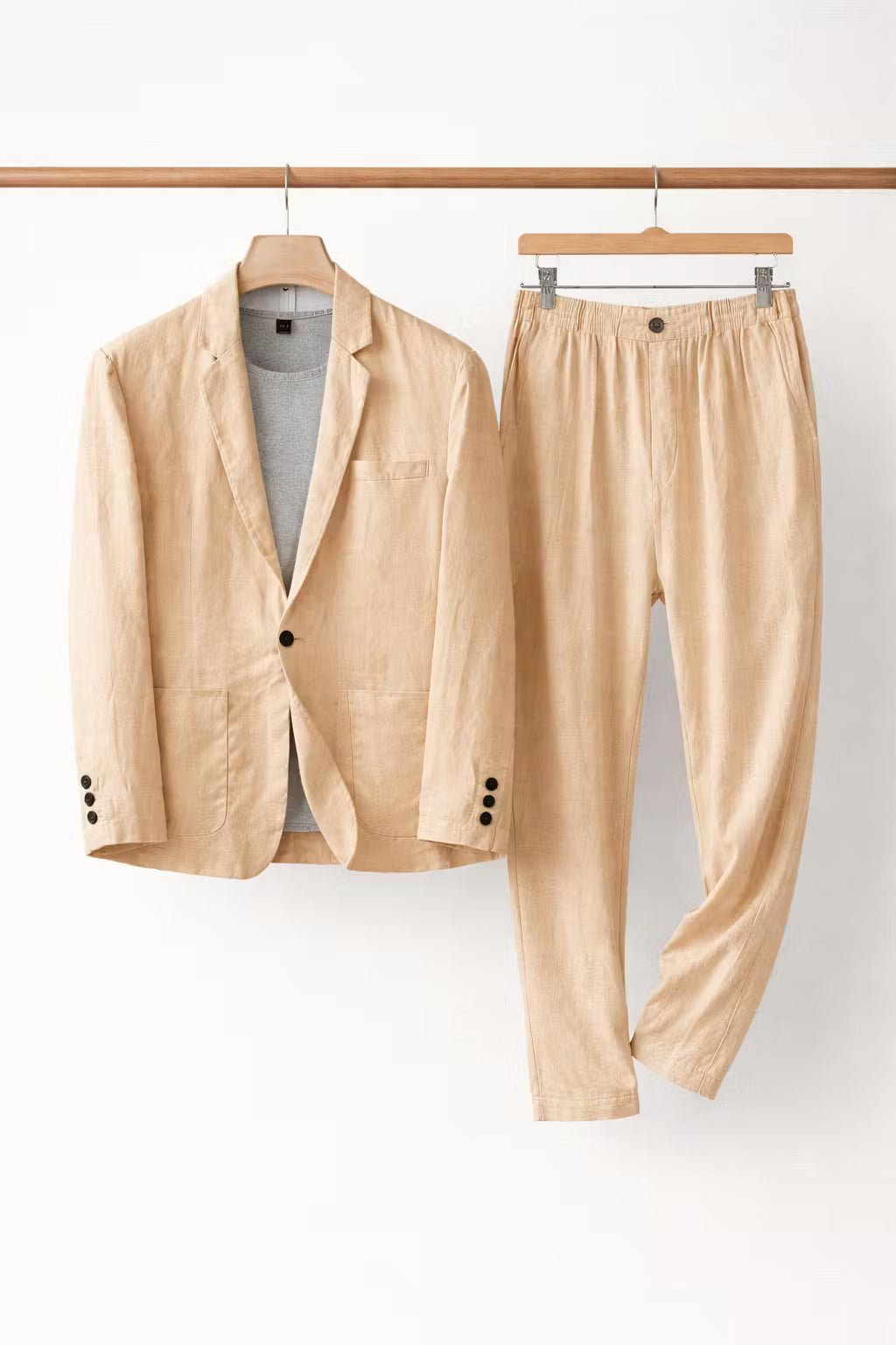 Herren Entspanntes Leinen Anzug Set Zweiteiler - Khaki