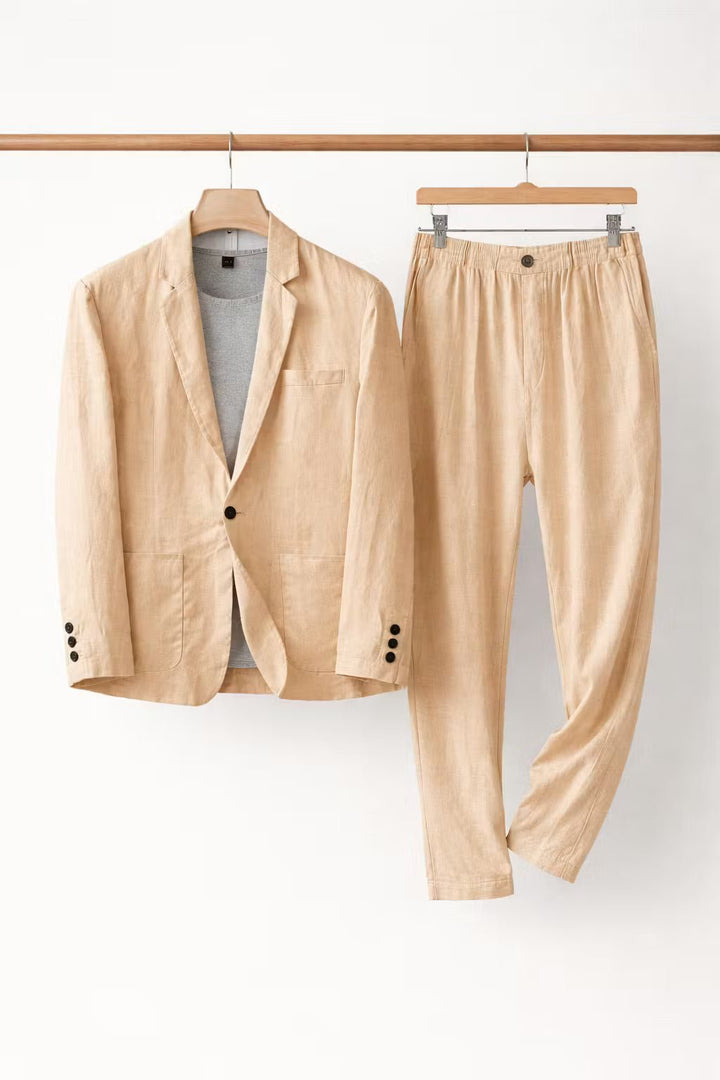 Herren Entspanntes Leinen Anzug Set Zweiteiler - Khaki