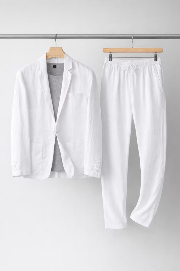Herren Entspanntes Leinen Anzug Set Zweiteiler - White