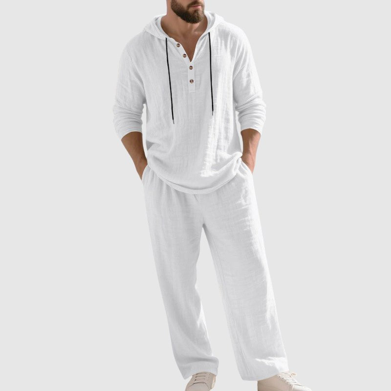 Herren Kapuzen-Henley Leinen Set Relaxed-Fit Loungewear - White