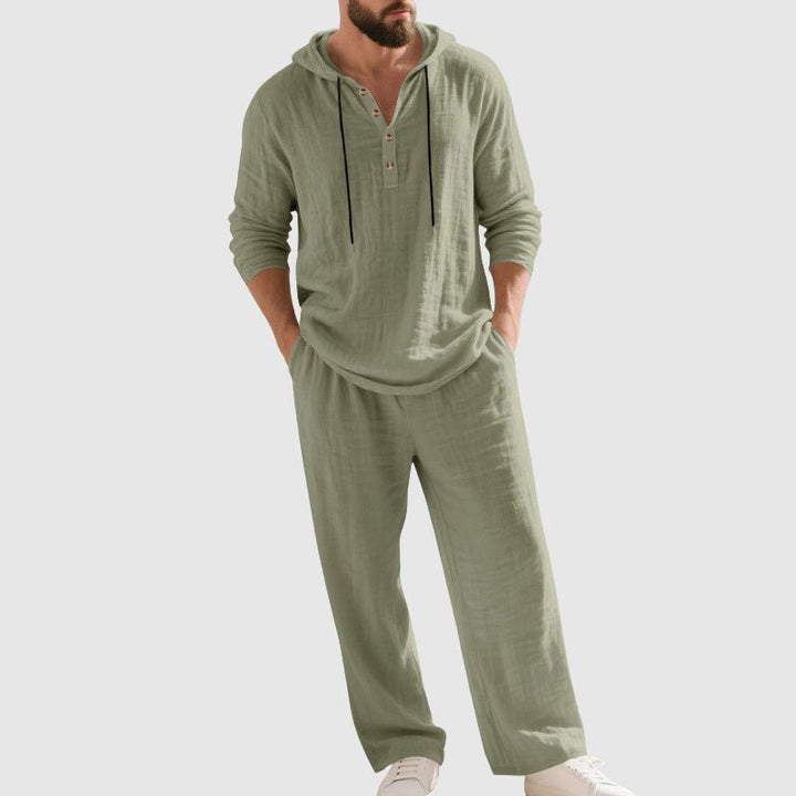 Herren Kapuzen-Henley Leinen Set Relaxed-Fit Loungewear - Green