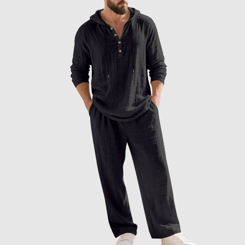 Herren Kapuzen-Henley Leinen Set Relaxed-Fit Loungewear - Black